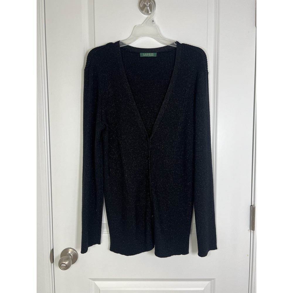 Lauren Ralph Lauren Black Cardigan Sweater Metallic Glitter Finish Sz L/XL Women